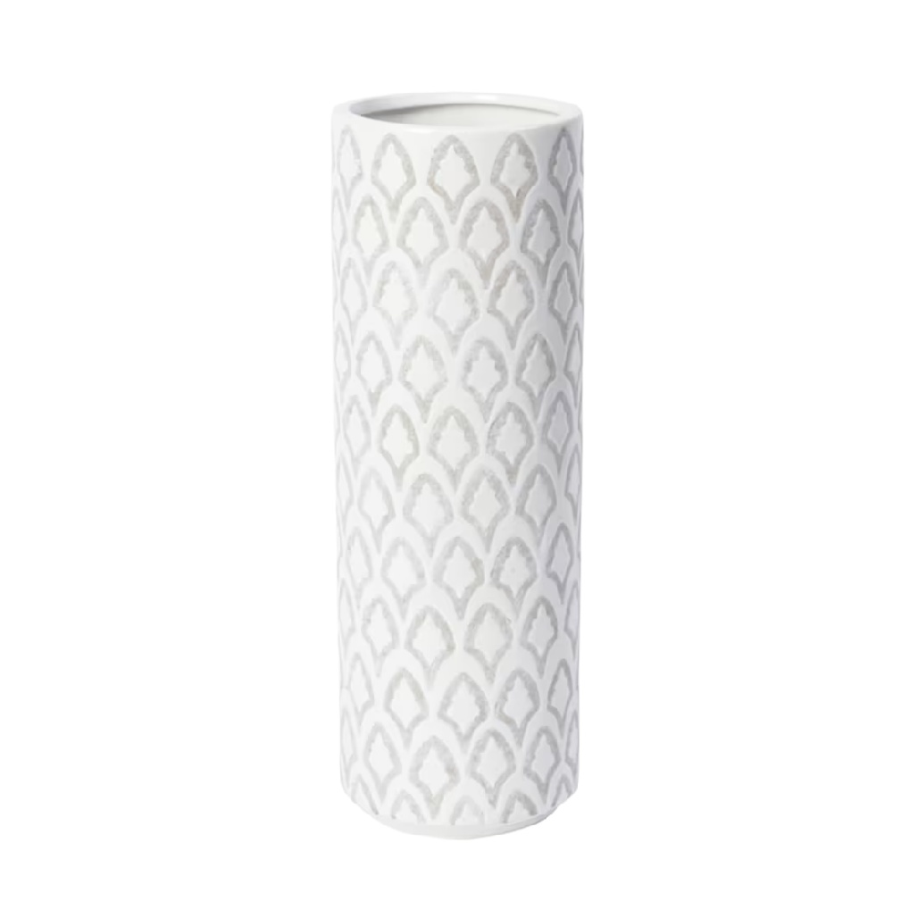 Vase Cylindrique en Céramique Blanche - Motif Écailles Gris Géométrique-woodemix
