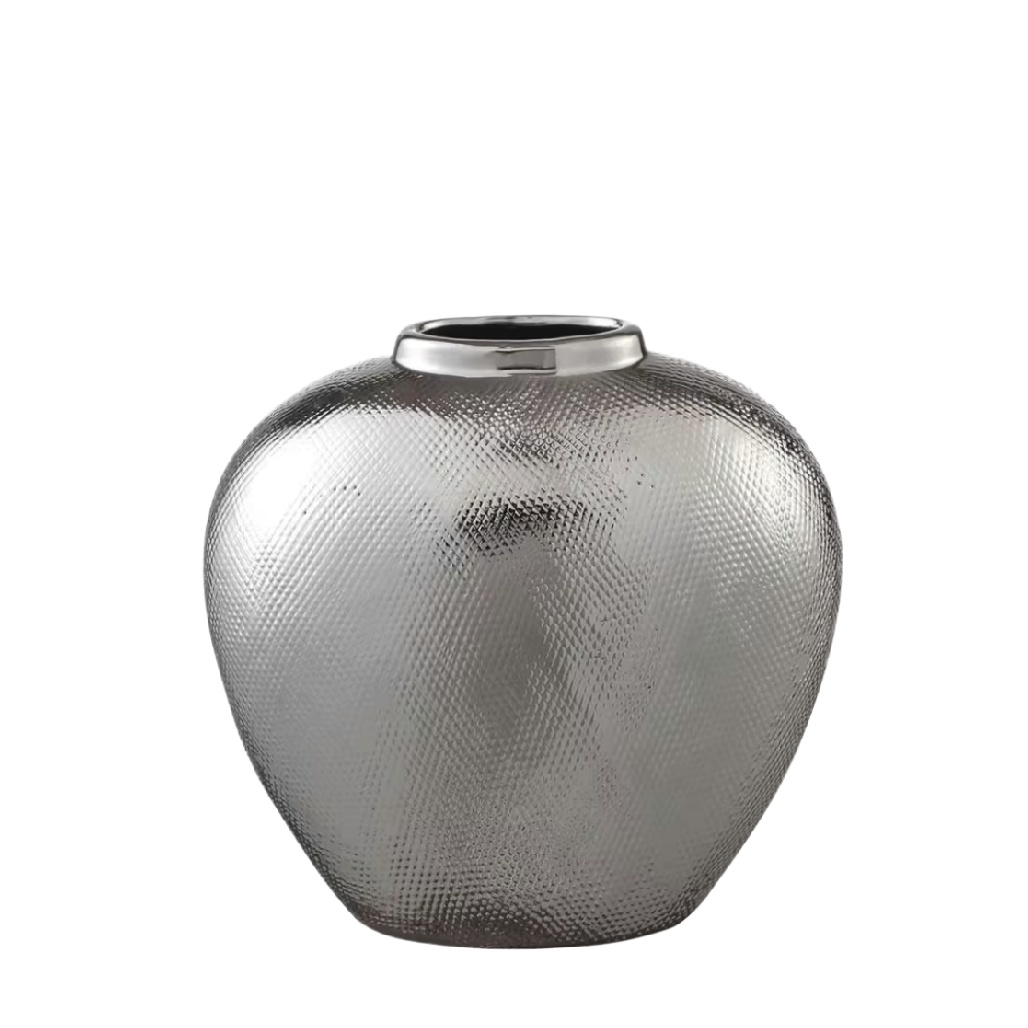 Vase Boule en Céramique Argentée avec Texture Martelée - Style Moderne Chic-timberxi
