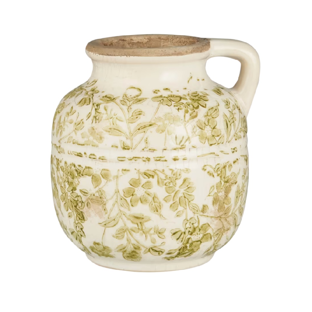 Petit Vase Rustique à Anse - Motifs Floraux Vert Olive et Effet Craquelé-timberxi