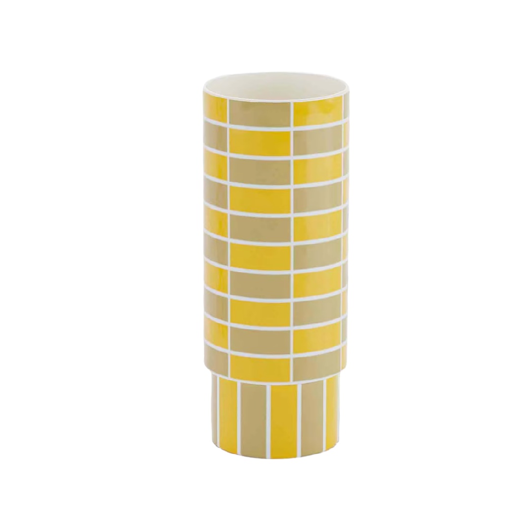 Vase Cylindrique à Motifs Géométriques - Design Pop Art Jaune et Gris-timberxi