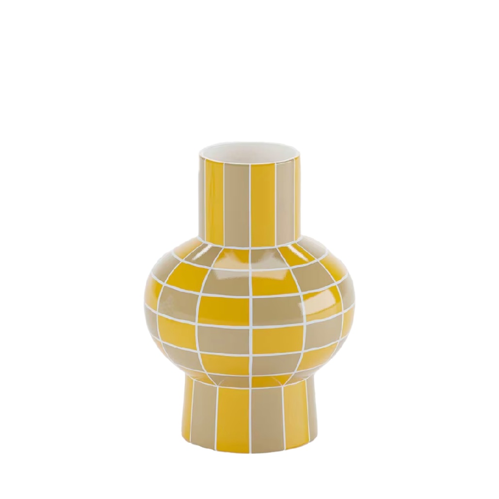 Vase Géométrique "Pop Bulb" - Carreaux Jaune et Taupe-timberxi