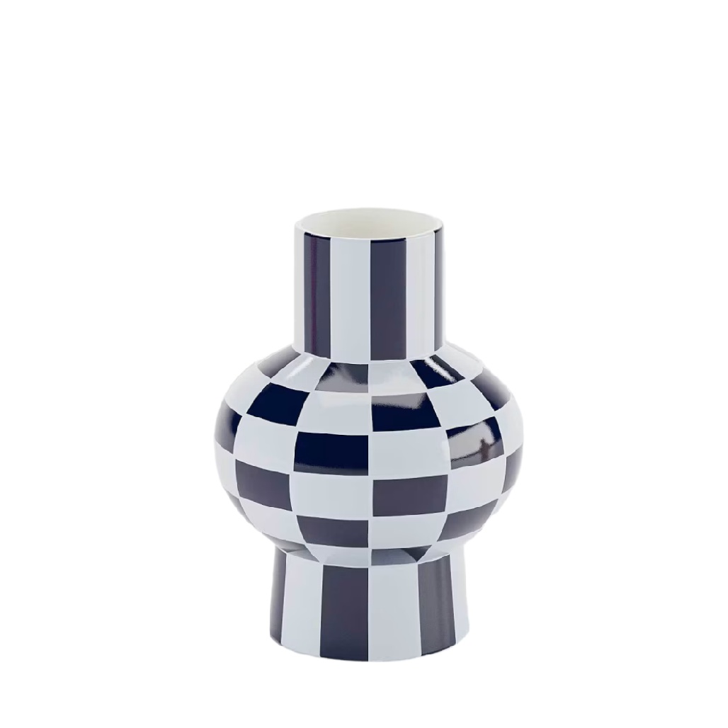 Vase Géométrique "Pop Bulb" - Damier Bleu Marine et Blanc-timberxi