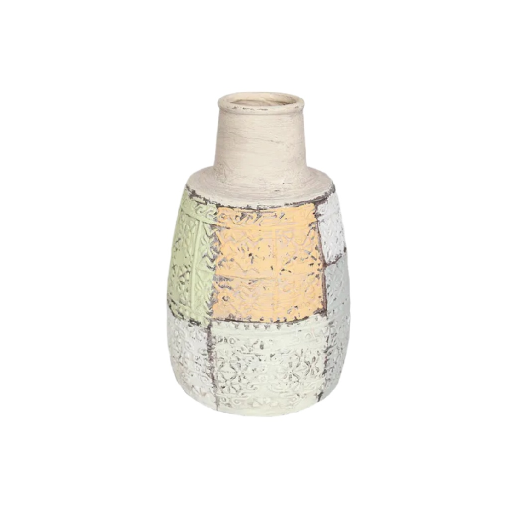 Vase Rustique en Magnésie à Motifs Patchwork - Style Vintage Artisanal-carveera