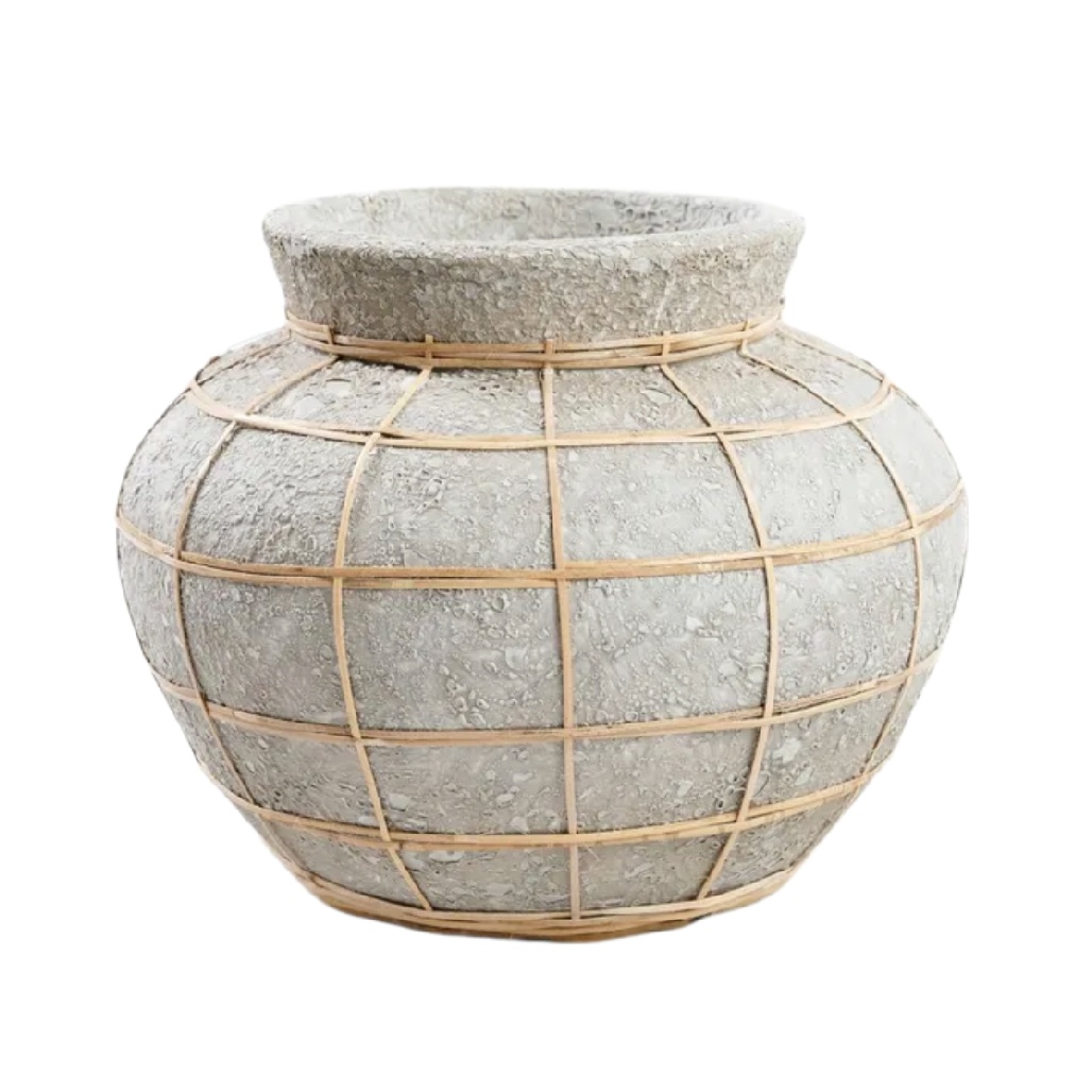 Vase Boule Texturé en Pierre et Bambou Tissé - Design Naturel Zen-carveera