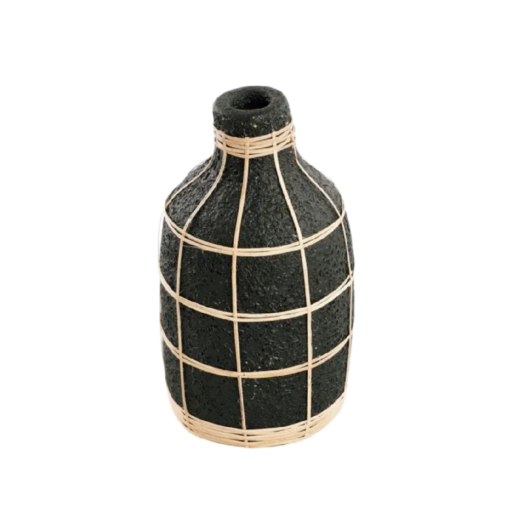 Vase Bouteille en Céramique Noire Texturée et Bambou Tissé - Style Ethnique Chic-carveera