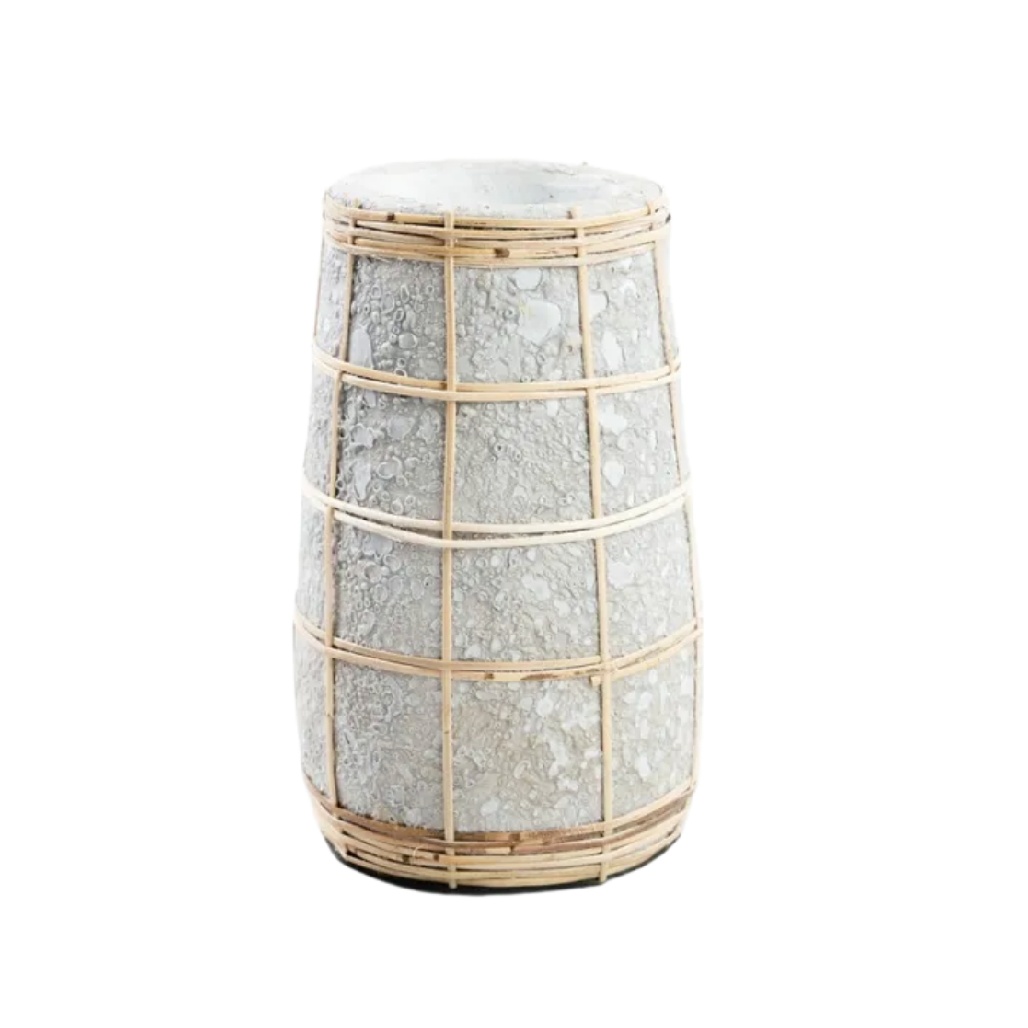 Vase Cylindrique en Céramique Texturée et Bambou Tissé - Style Organique Zen-carveera