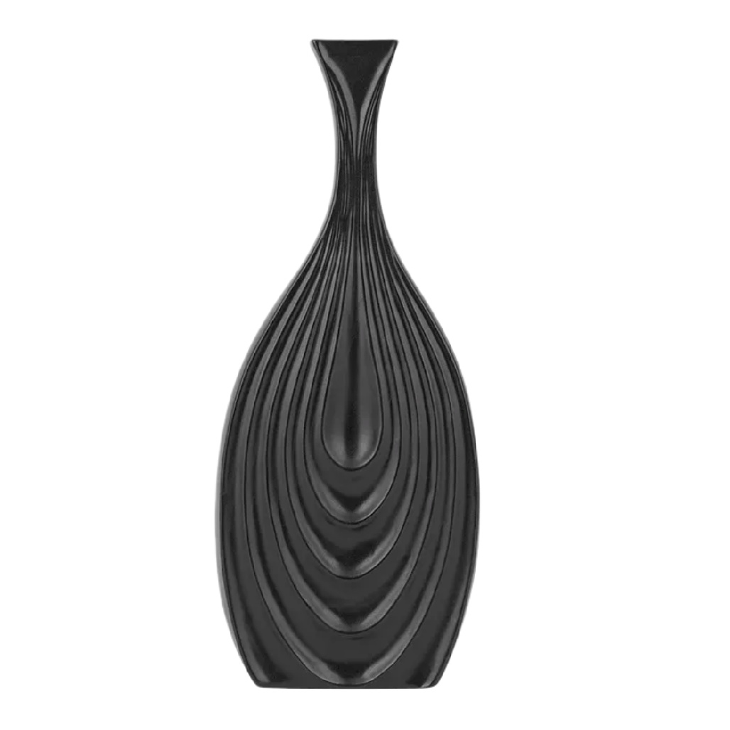 Grand Vase Sculptural en Céramique Noir Mat à Motifs Ondulés - Design Élégant-carveera