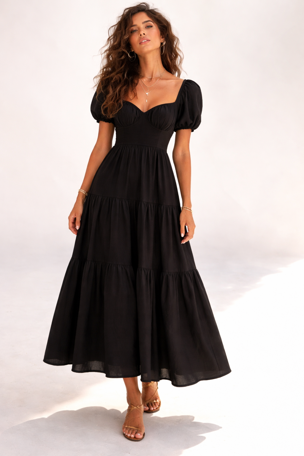 Tiered Puff-Sleeve Maxi Dress-Feelings Star