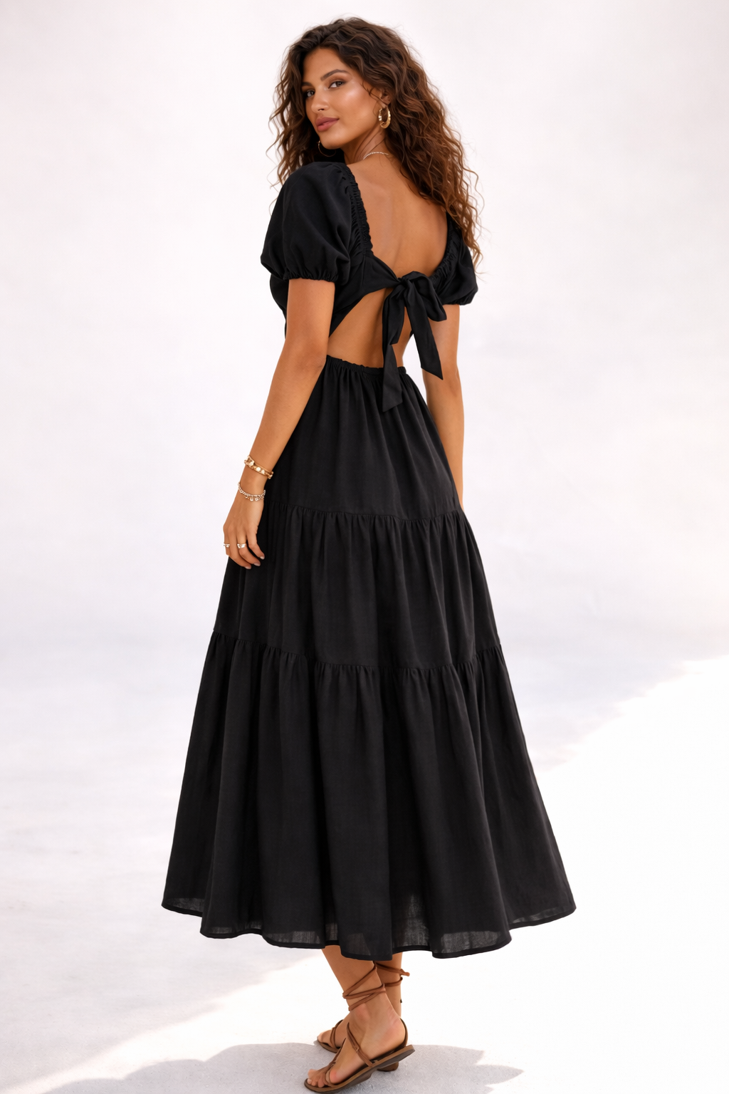 Tiered Puff-Sleeve Maxi Dress-Feelings Star