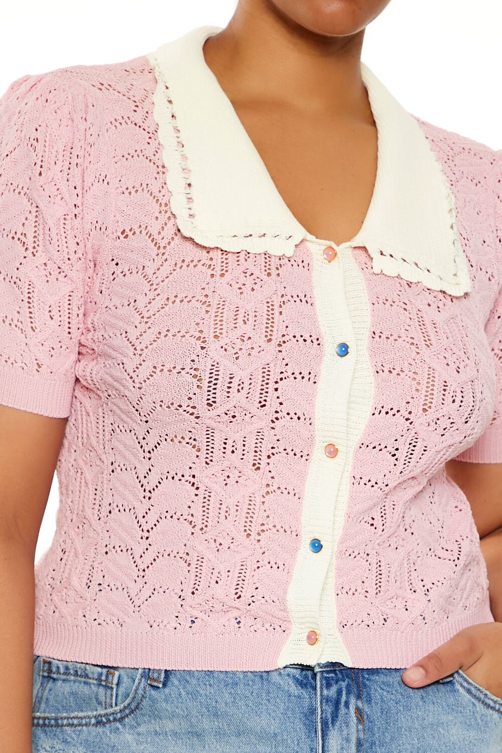 Plus Size Pointelle Sweater-Knit Shirt-Feelings Star