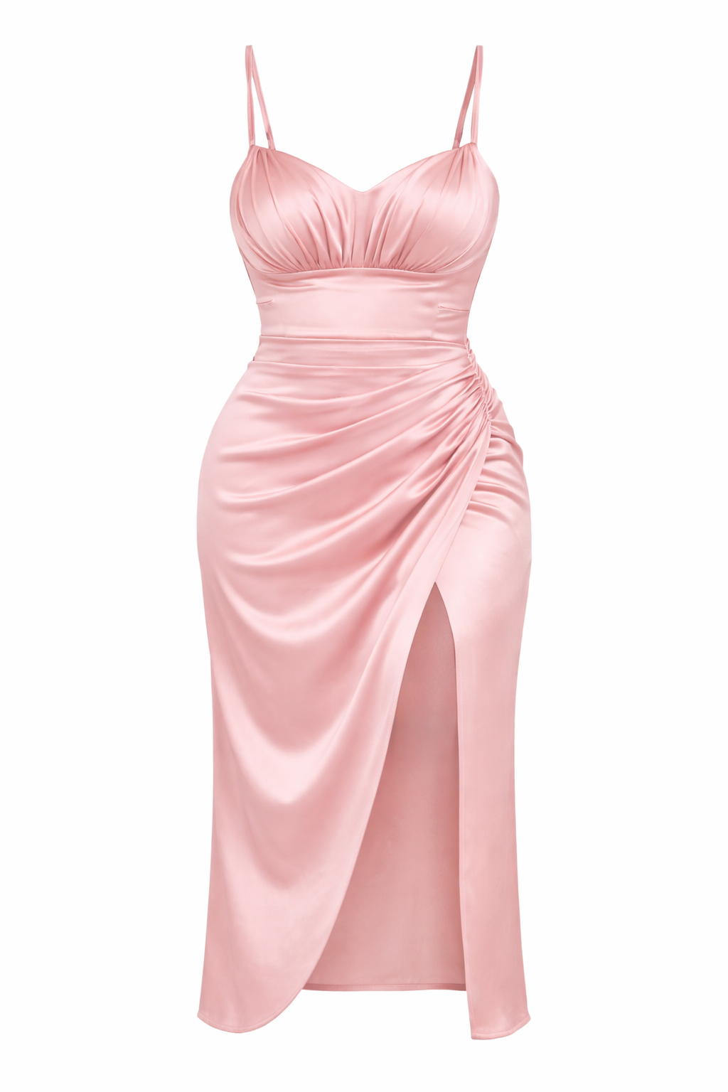 PLUS SIZE RUCHED SATIN MIDI DRESS WITH HIGH SLIT-Feelings Star