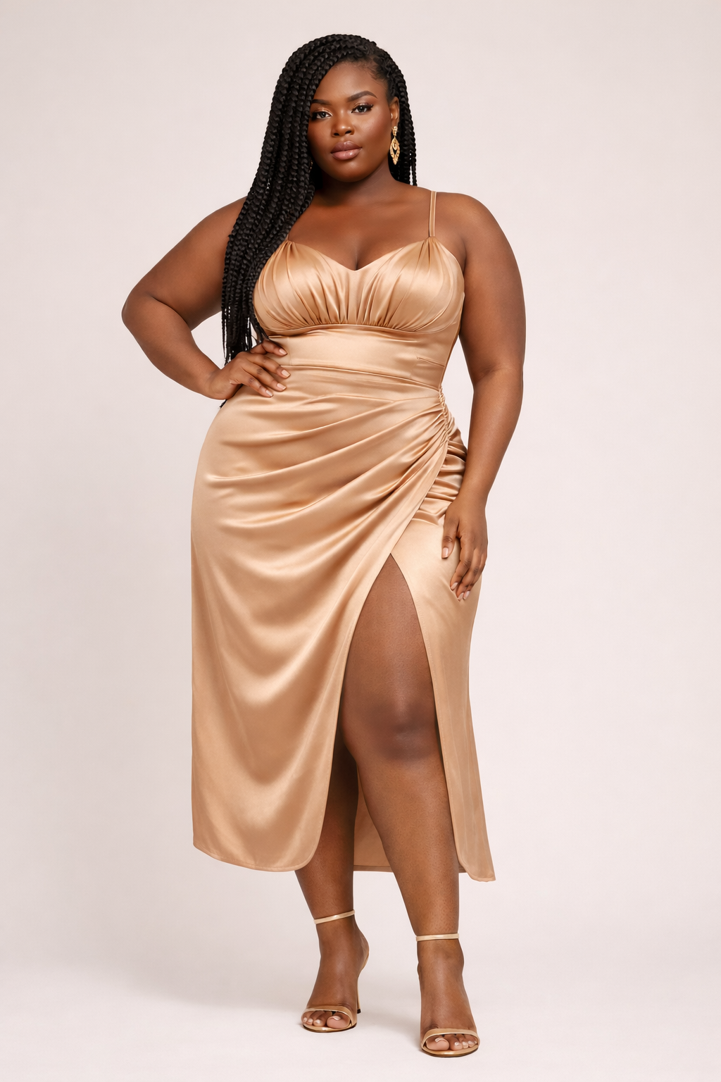PLUS SIZE RUCHED SATIN MIDI DRESS WITH HIGH SLIT-Feelings Star