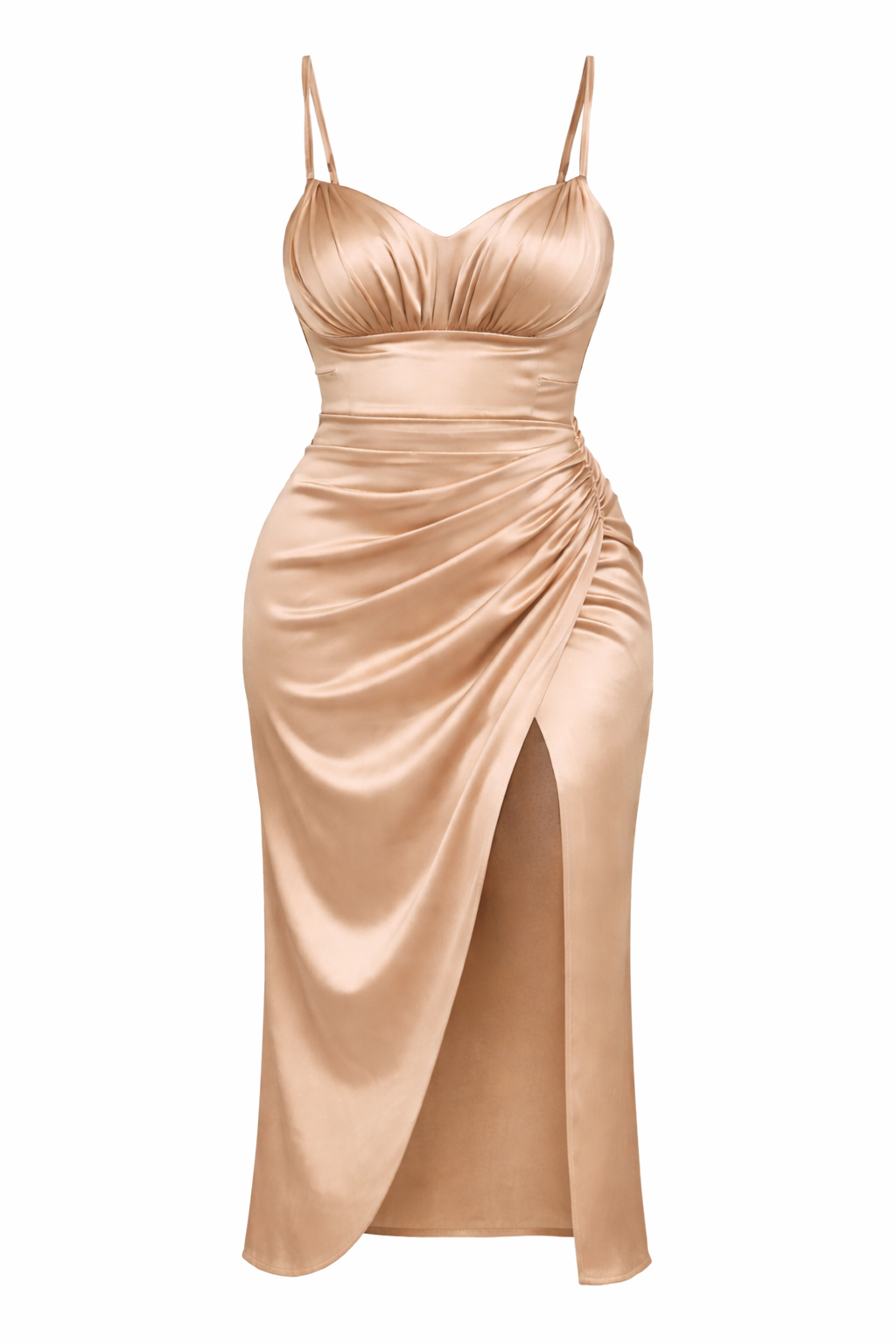 PLUS SIZE RUCHED SATIN MIDI DRESS WITH HIGH SLIT-Feelings Star