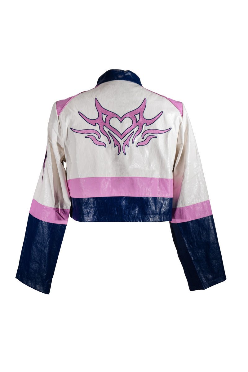 Plus Size Cropped Faux Leather Colorblock Zip-Up Jacket-Feelings Star