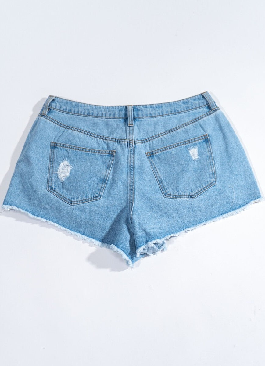 Plus Size Distressed Rhinestone-Fringe Denim Shorts-Feelings Star