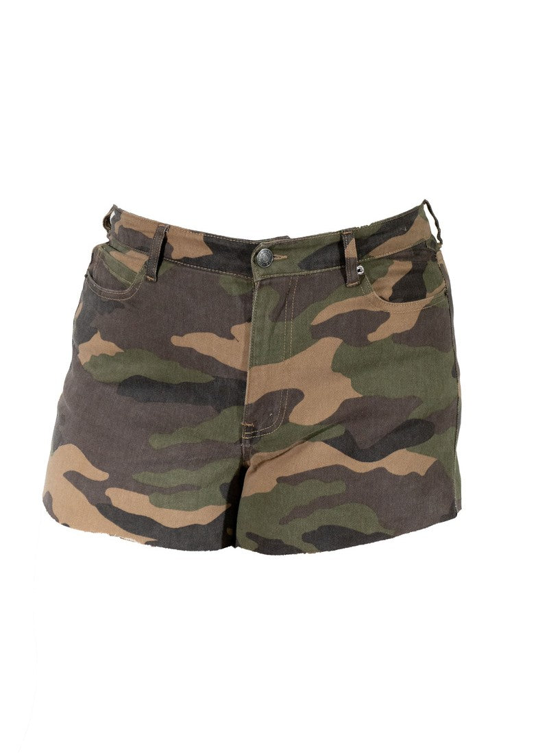 Plus Size Camo Frayed-Hem Denim Shorts-Feelings Star