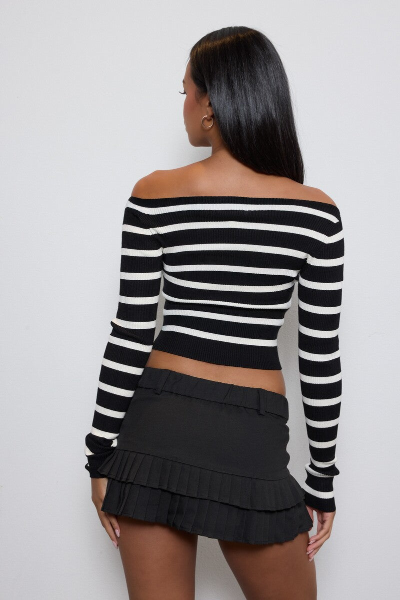Striped Boatneck Cropped Sweater-Feelings Star