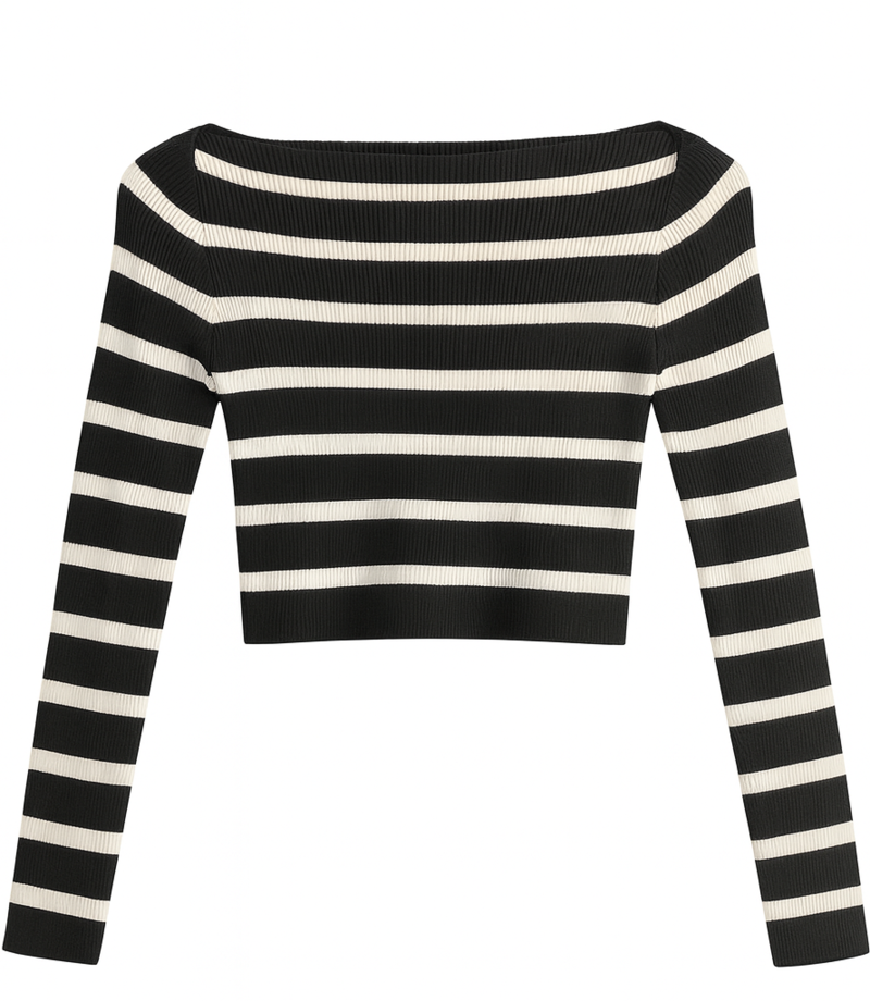 Striped Boatneck Cropped Sweater-Feelings Star