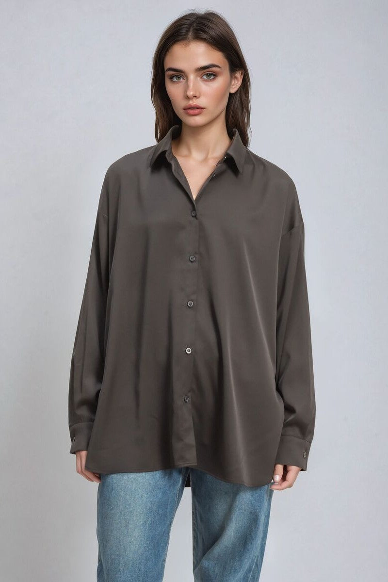 Oversized Satin Button-Up Shirt-Feelings Star