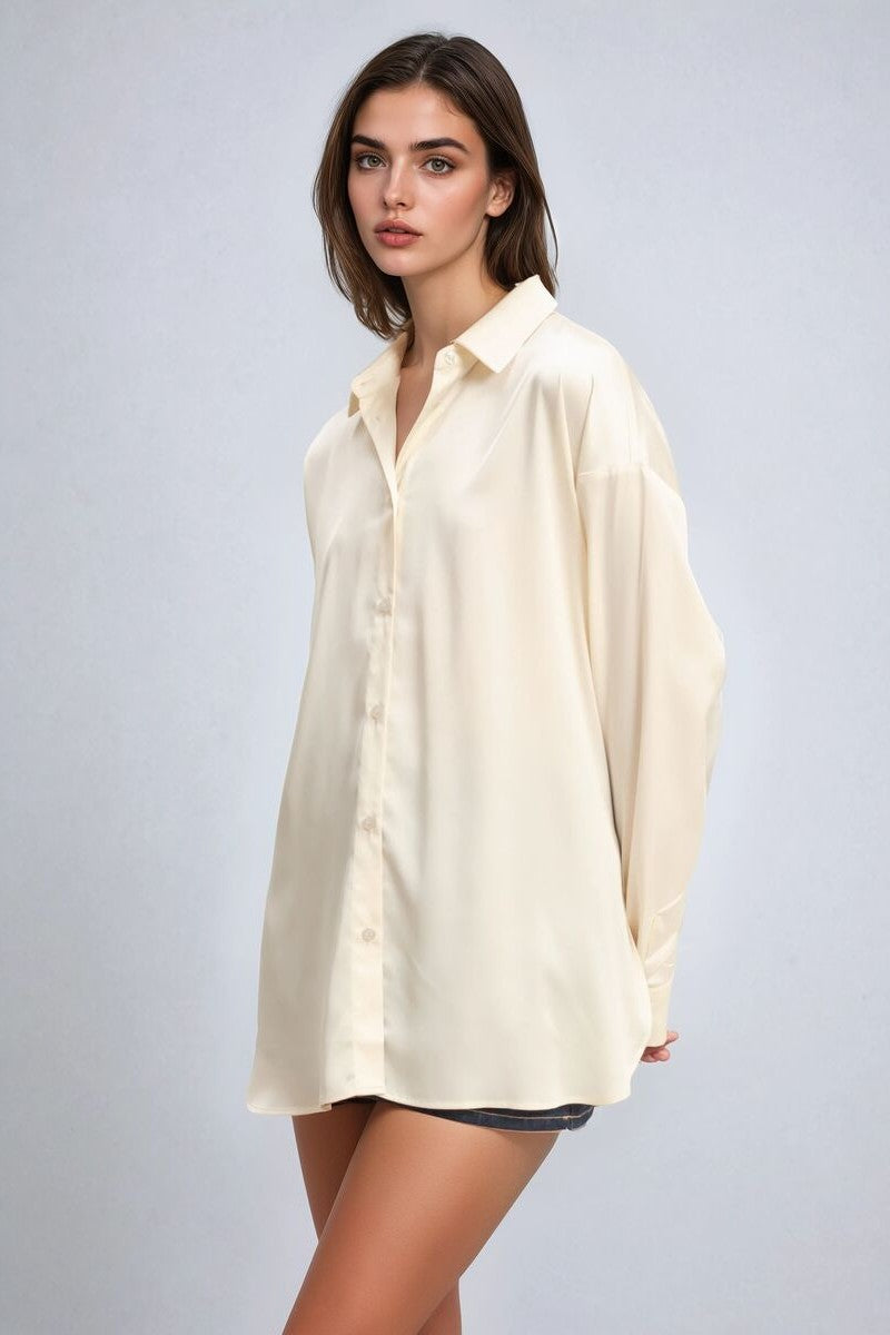 Oversized Satin Button-Up Shirt-Feelings Star