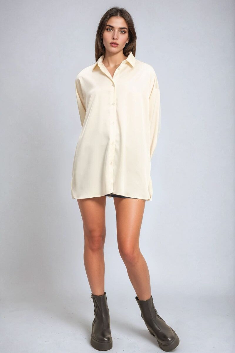 Oversized Satin Button-Up Shirt-Feelings Star