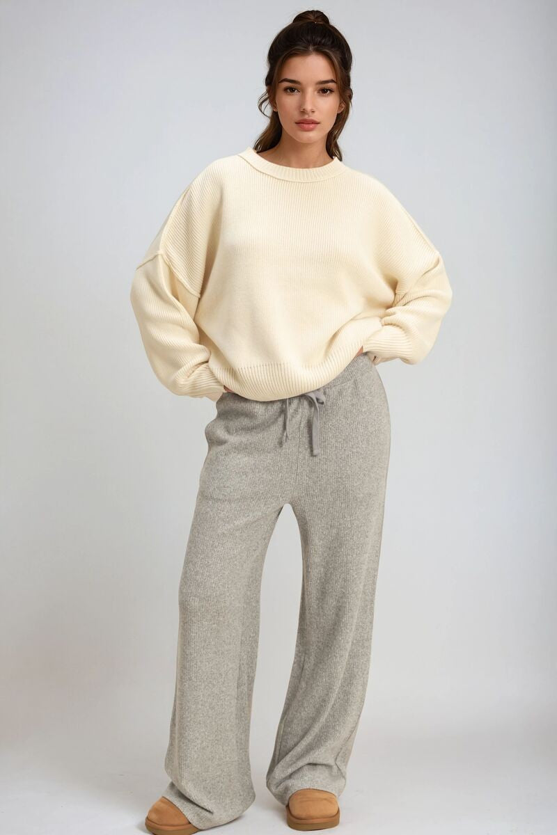 Waffle Knit Wide-Leg Pants-Feelings Star