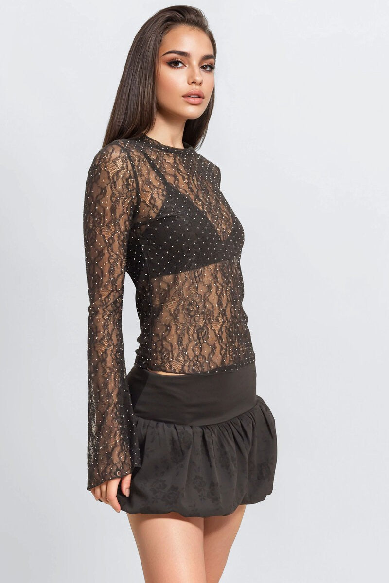 Studded Sheer Lace Long-Sleeve Top-Feelings Star