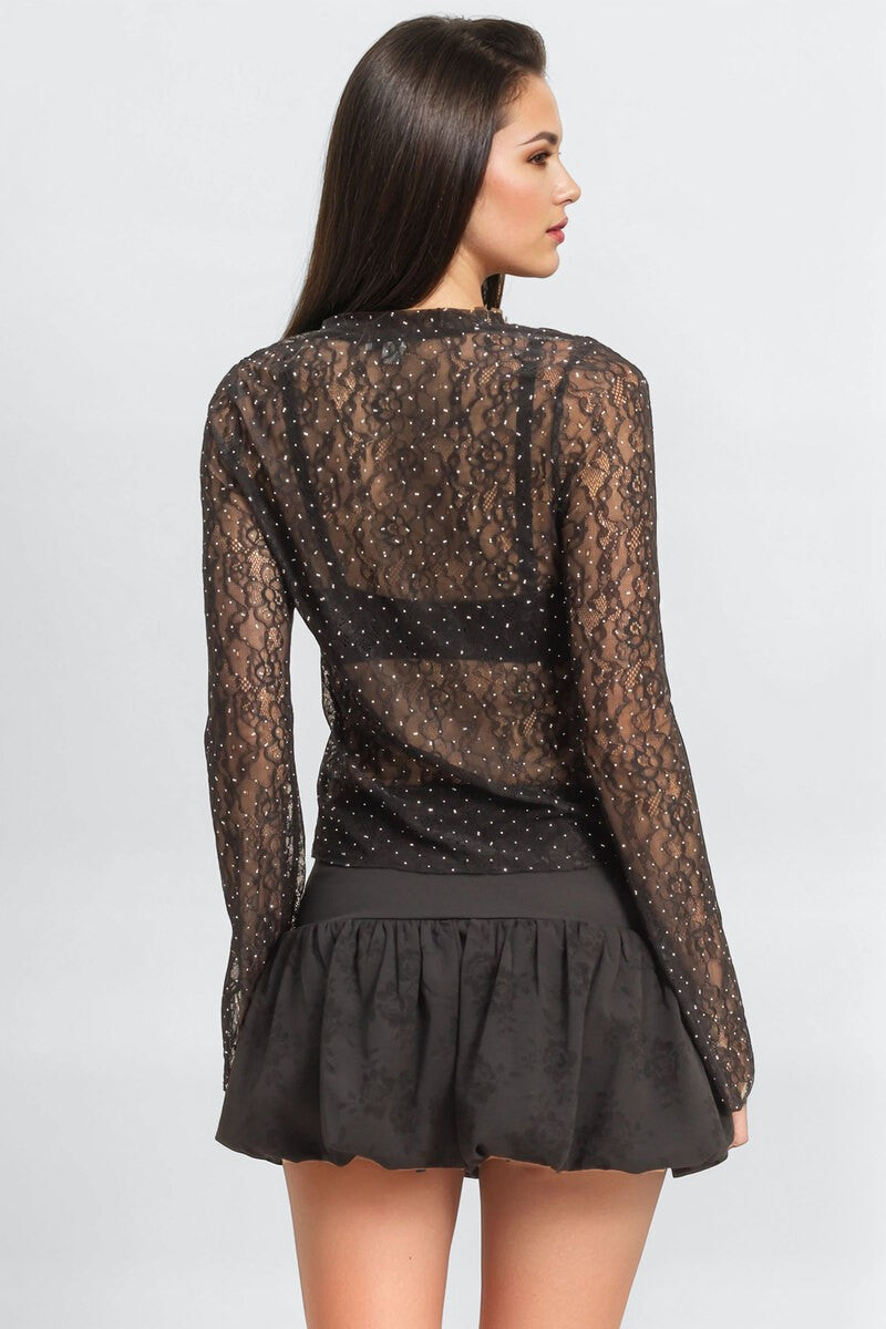 Studded Sheer Lace Long-Sleeve Top-Feelings Star