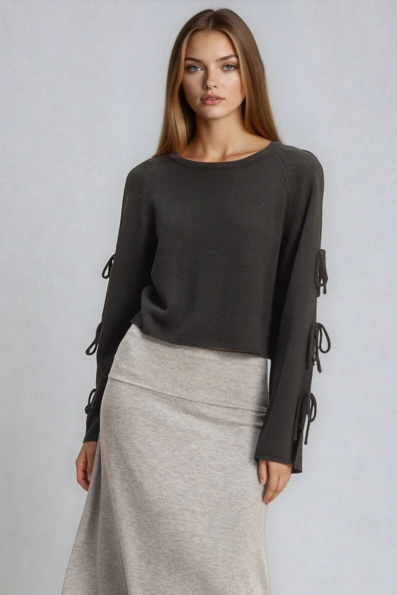 Tie-Sleeve Cropped Sweater Top-Feelings Star