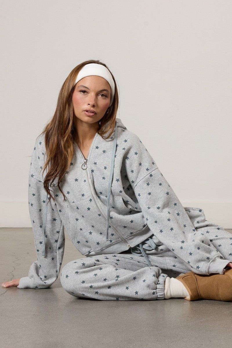 Star Print Zip-Front Hoodie-Feelings Star