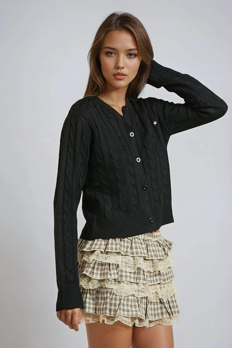 Cable Button-Up Cardigan Sweater-Feelings Star