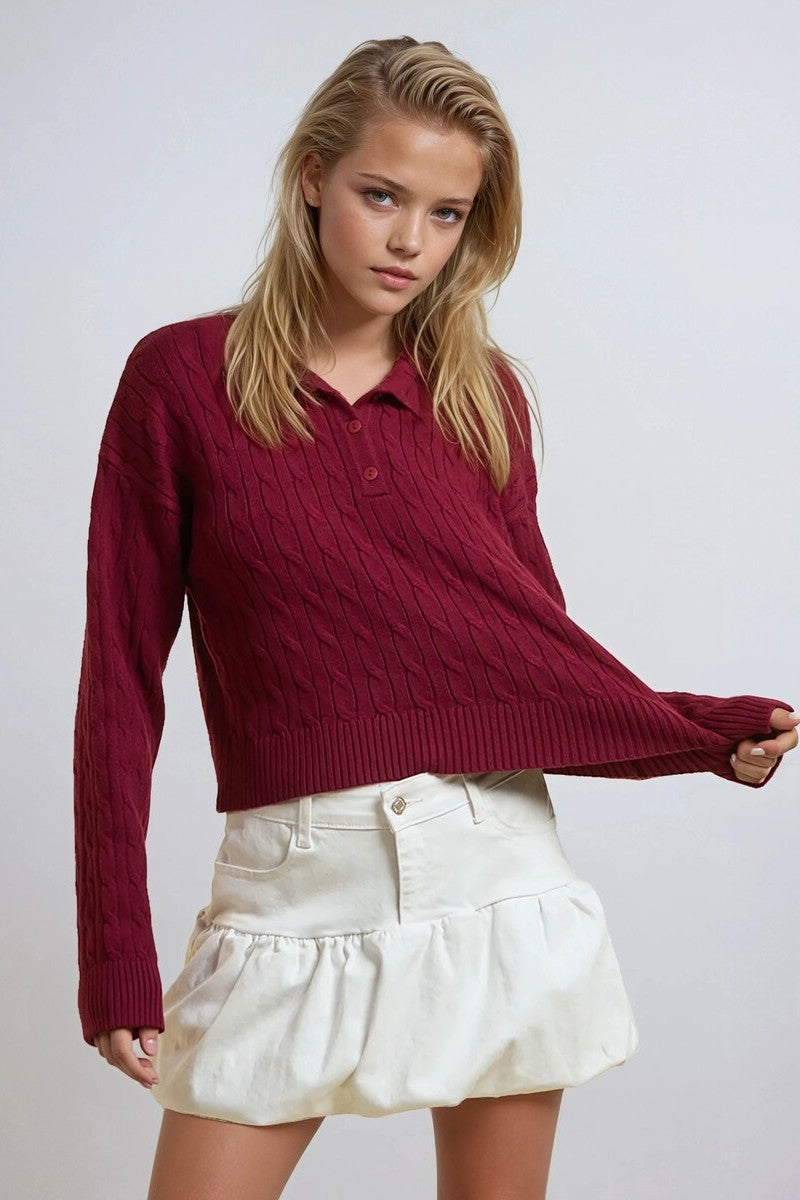 Cable Knit Collared Sweater-Feelings Star