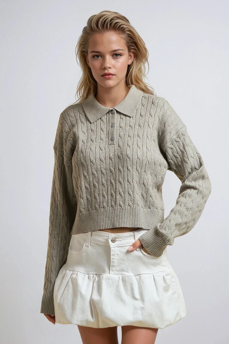 Cable Knit Collared Sweater-Feelings Star