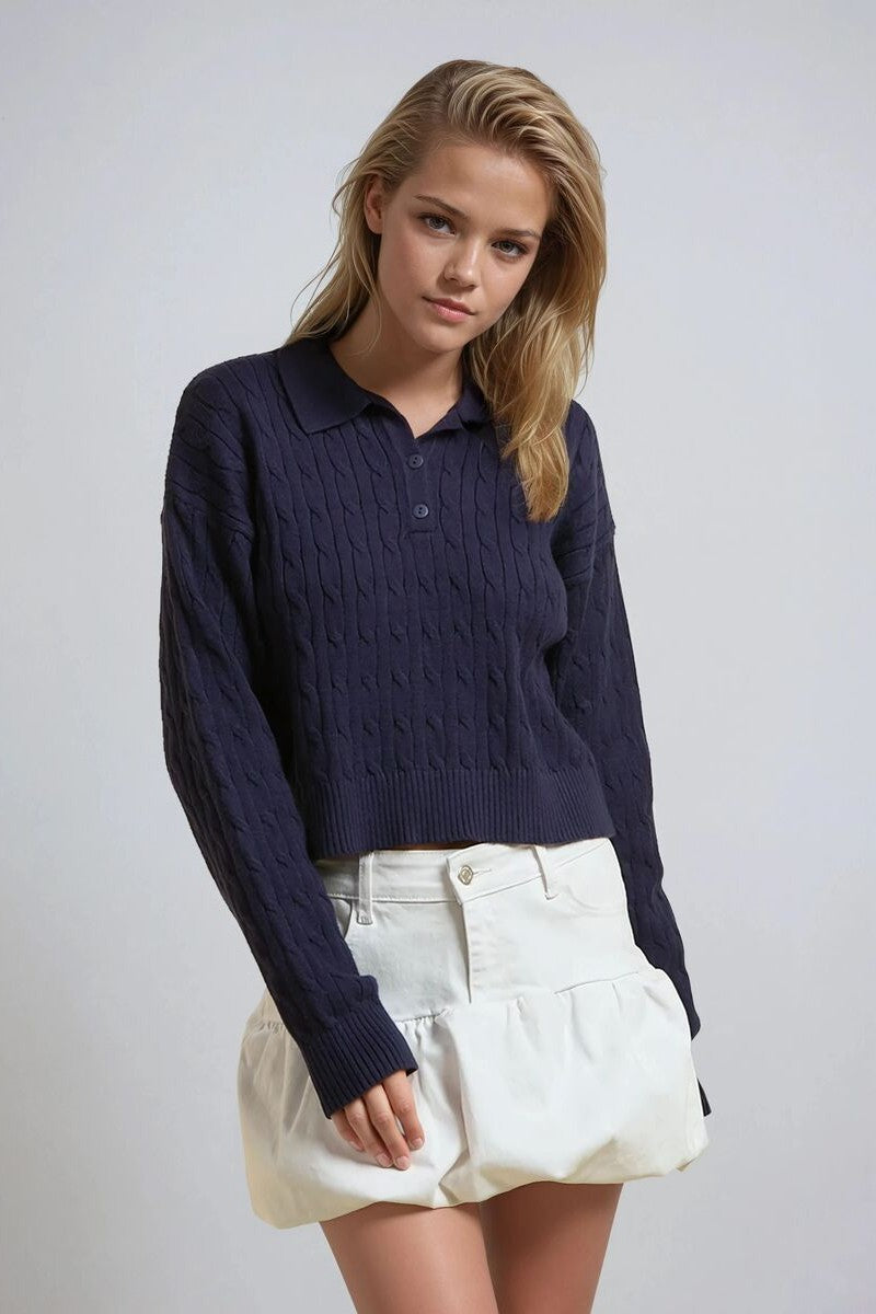 Cable Knit Collared Sweater-Feelings Star