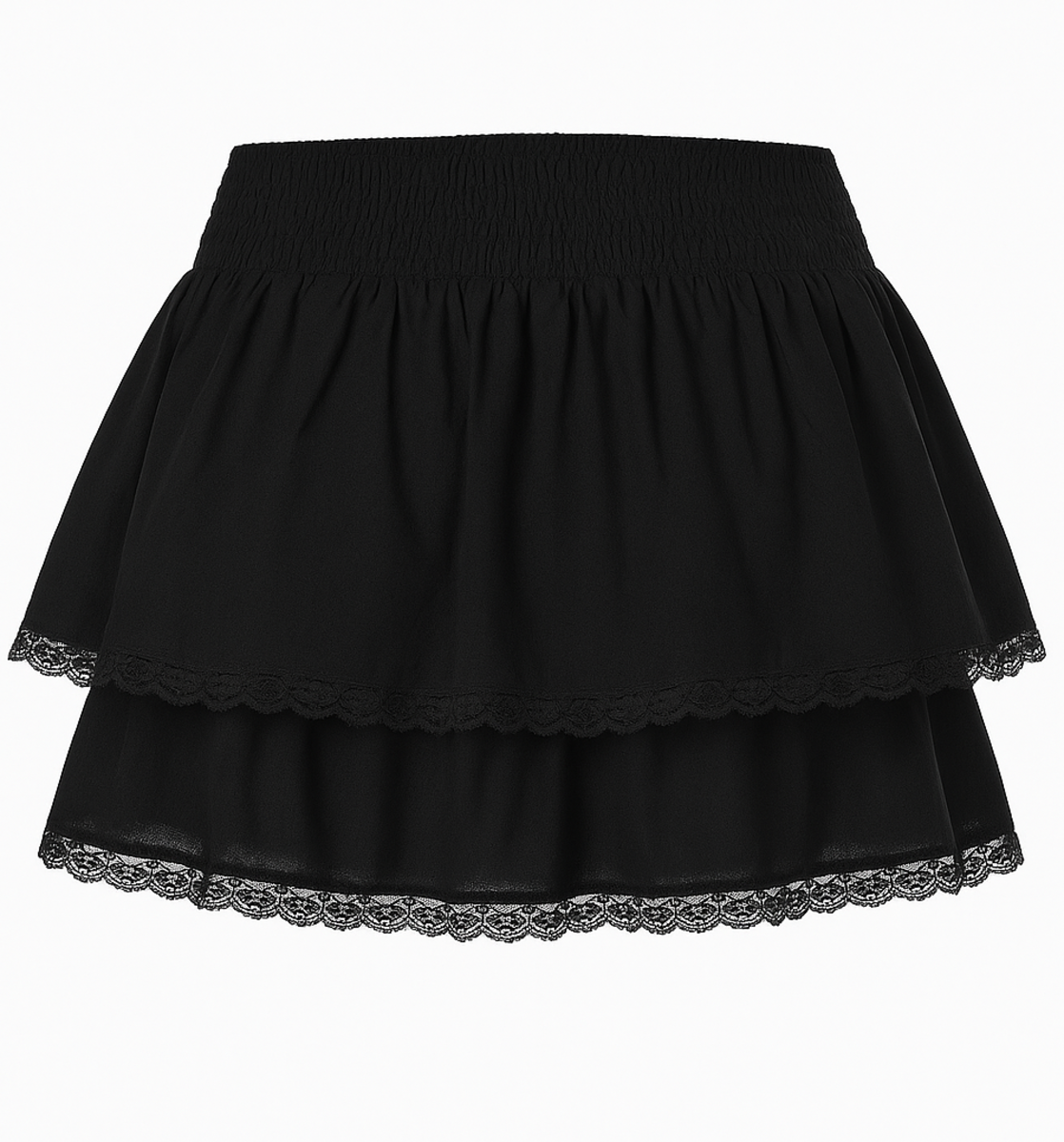 Tiered Twill Lace-Trim Mini Skirt-Feelings Star