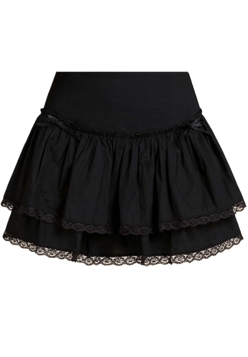 Tiered Twill Lace-Trim Mini Skirt-Feelings Star