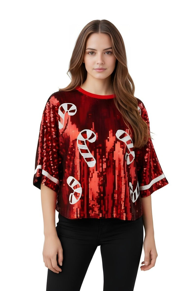 Candy Cane Holiday Sequin Top-Feelings Star