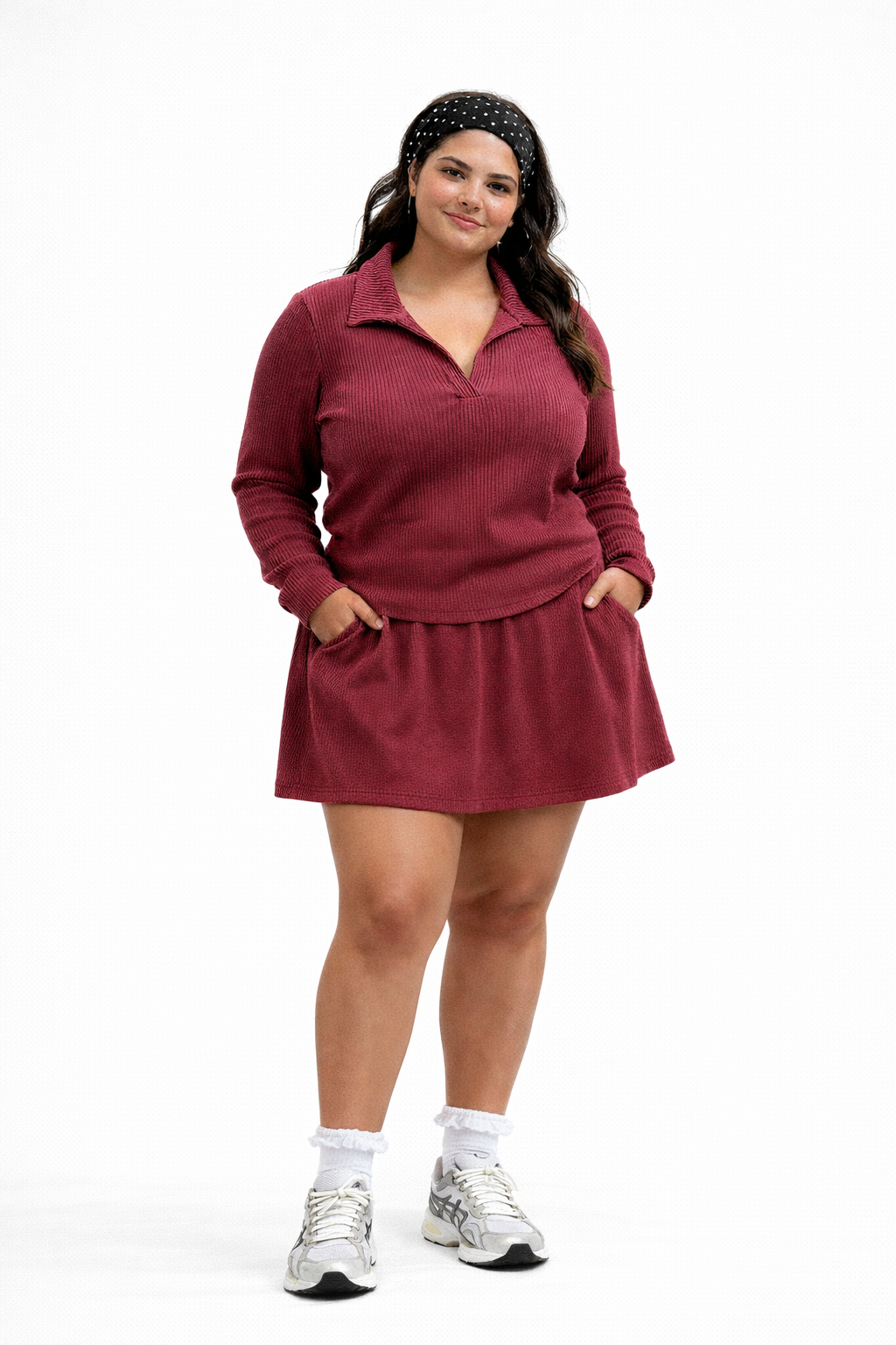 PLUS SIZE RIBBED LONG SLEEVE POLO AND SKORT SET-Feelings Star