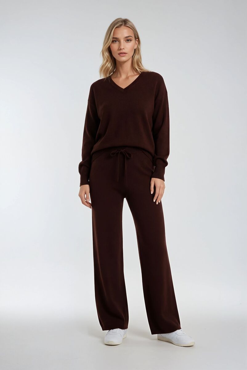 V-Neck Sweater & Wide-Leg Pant Set-Feelings Star