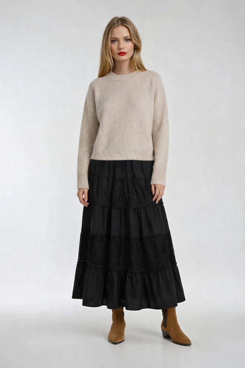 Tiered Lace Maxi Skirt-Feelings Star