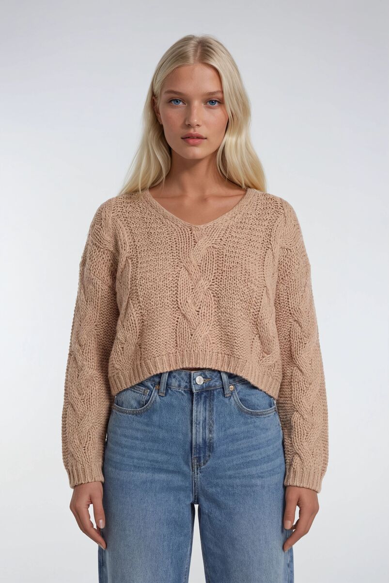 V-Neck Cable Knit Sweater-Feelings Star