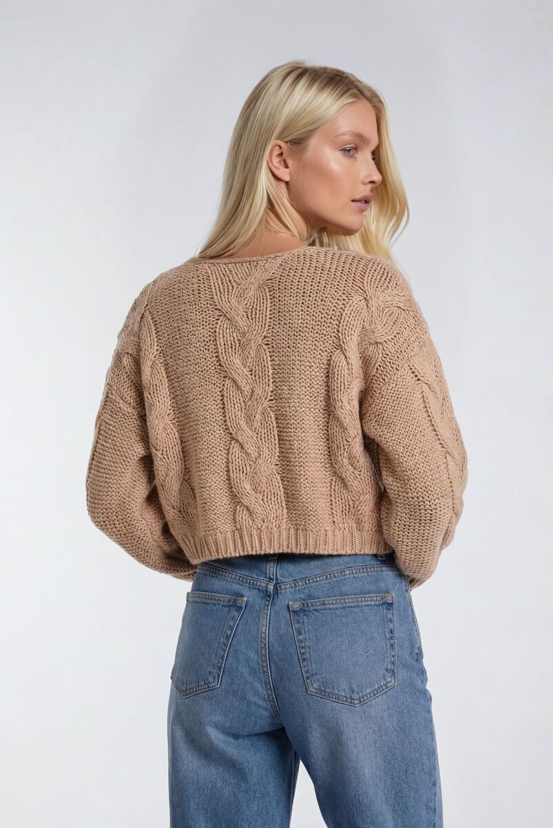 V-Neck Cable Knit Sweater-Feelings Star