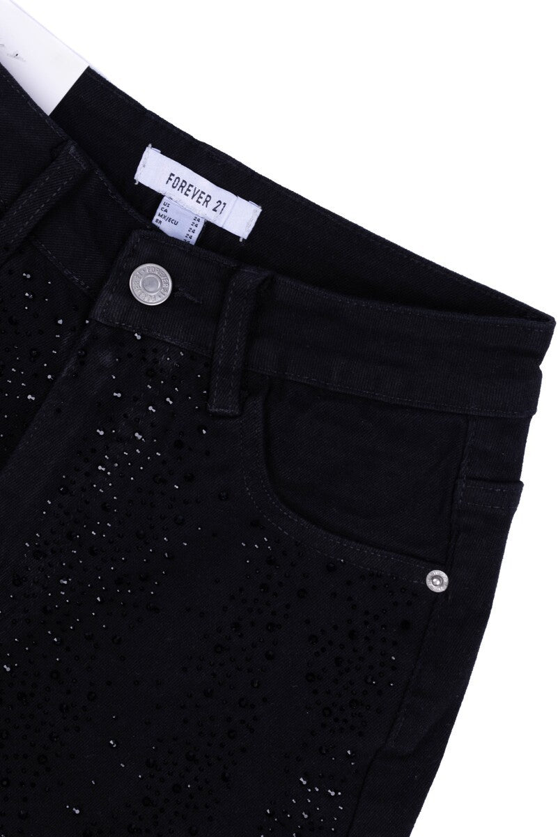 Stretch Denim Shorts with Rhinestones-Feelings Star