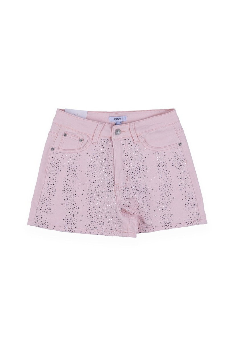 Stretch Denim Shorts with Rhinestones-Feelings Star
