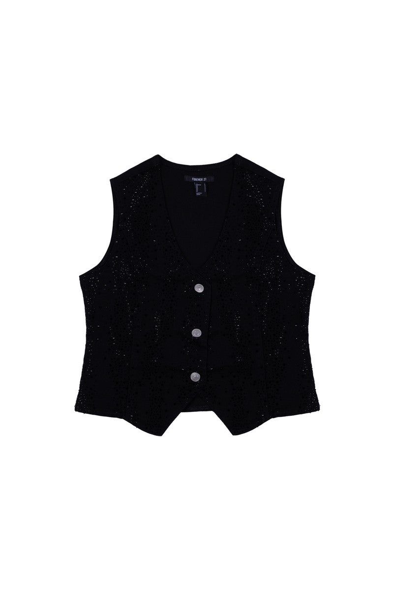 Stretch Denim Vest with Rhinestones-Feelings Star
