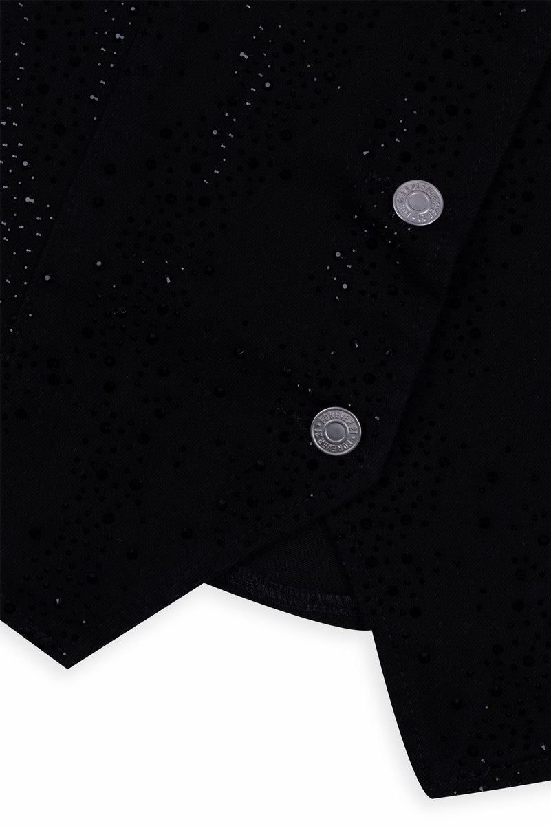 Stretch Denim Vest with Rhinestones-Feelings Star