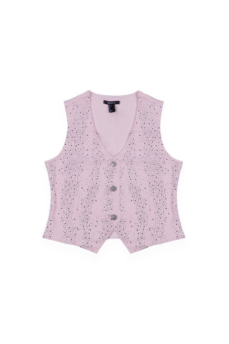 Stretch Denim Vest with Rhinestones-Feelings Star