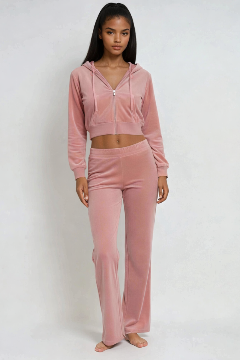 Velour Zip-Front Hoodie & Pant Set-Feelings Star