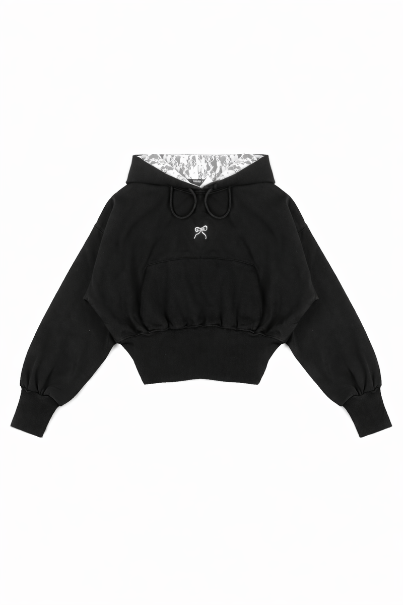Cropped Lace-Lined Hood & Embroidered-Bow Hoodie-Feelings Star