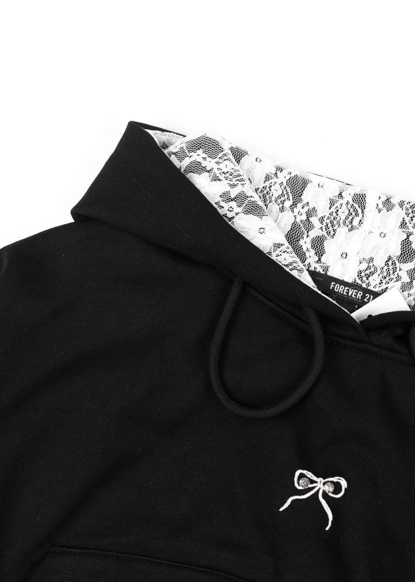 Cropped Lace-Lined Hood & Embroidered-Bow Hoodie-Feelings Star